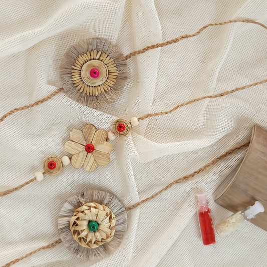 FLORAL, PADDY SEED & TWISTED - Bamboo Rakhi Combo